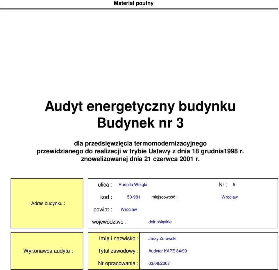 ulica : Rudolfa Weigla Nr : Adres budynku : kod : powiat : 0-98 miejscowość : Wrocław Wrocław województwo :