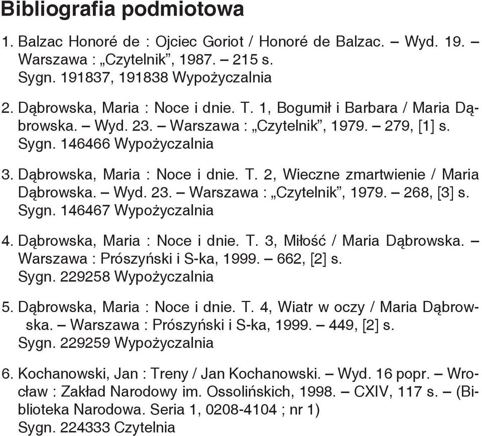 Sygn. 146467 Wypożyczalnia 4. Dąbrowska, Maria : Noce i dnie. T. 3, Miłość / Maria Dąbrowska. Warszawa : Prószyński i S-ka, 1999. 662, [2] s. Sygn. 229258 Wypożyczalnia 5.