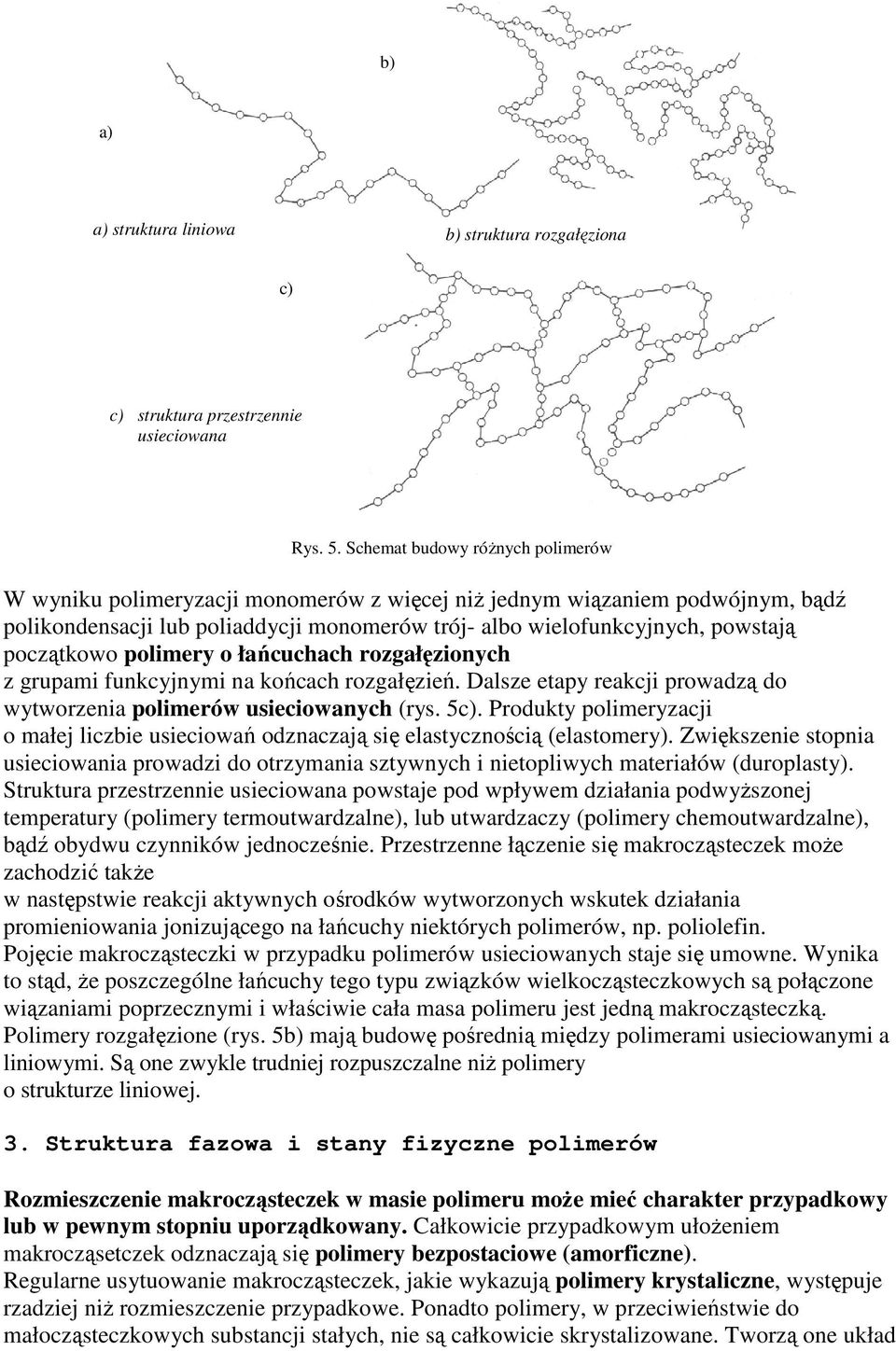 polimery o łańcuchach rozgałęzionych z grupami funkcyjnymi na końcach rozgałęzień. Dalsze etapy reakcji proadzą do ytorzenia polimeró usiecioanych (rys. 5c).