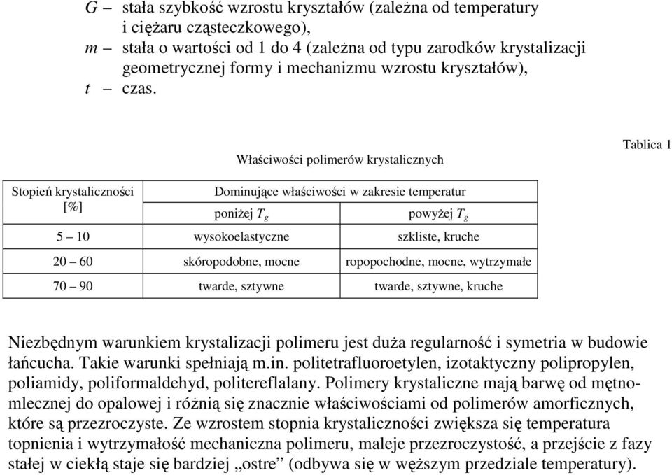 Właściości polimeró krystalicznych Tablica 1 Stopień krystaliczności [%] Dominujące łaściości zakresie temperatur poniŝej T g poyŝej T g 5 10 ysokoelastyczne szkliste, kruche 20 60 skóropodobne,