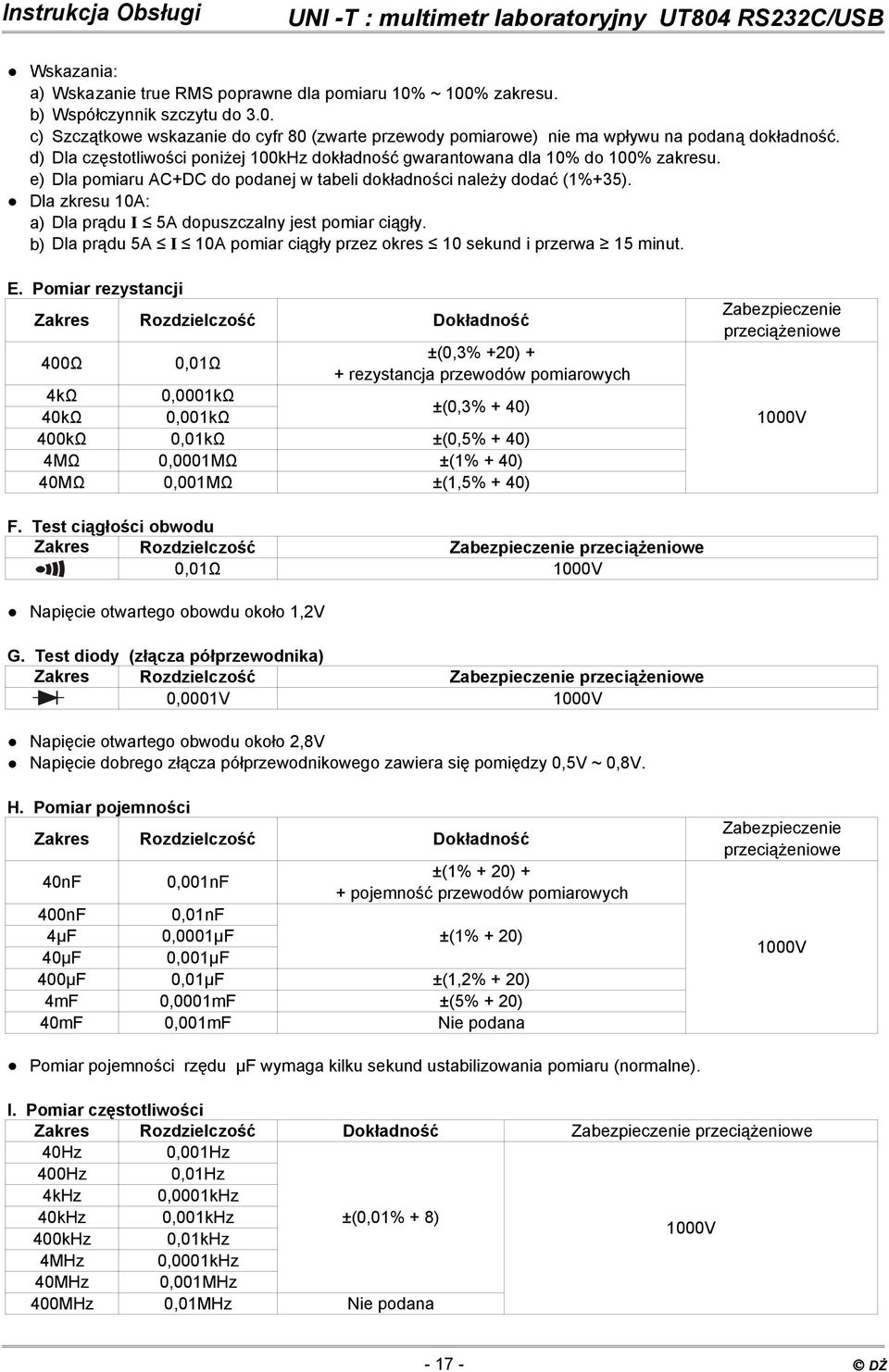 Dla zkresu 10A: a) Dla prądu I 5A dopuszczalny jest pomiar ciągły. b) Dla prądu 5A I 10A pomiar ciągły przez okres 10 sekund i przerwa 15 minut. E.