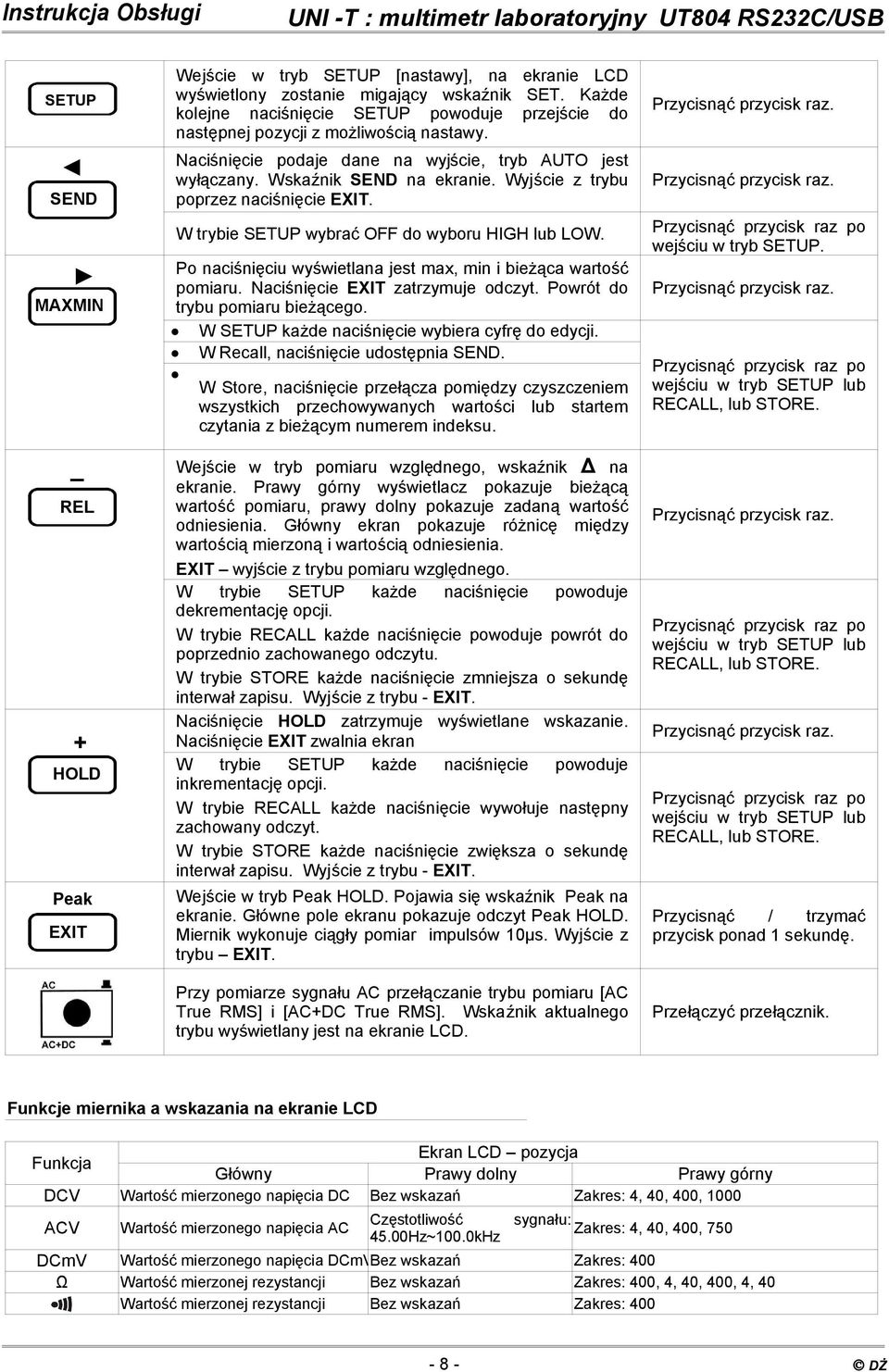 Wyjście z trybu poprzez naciśnięcie EXIT. W trybie SETUP wybrać OFF do wyboru HIGH lub LOW. Po naciśnięciu wyświetlana jest max, min i bieżąca wartość pomiaru. Naciśnięcie EXIT zatrzymuje odczyt.