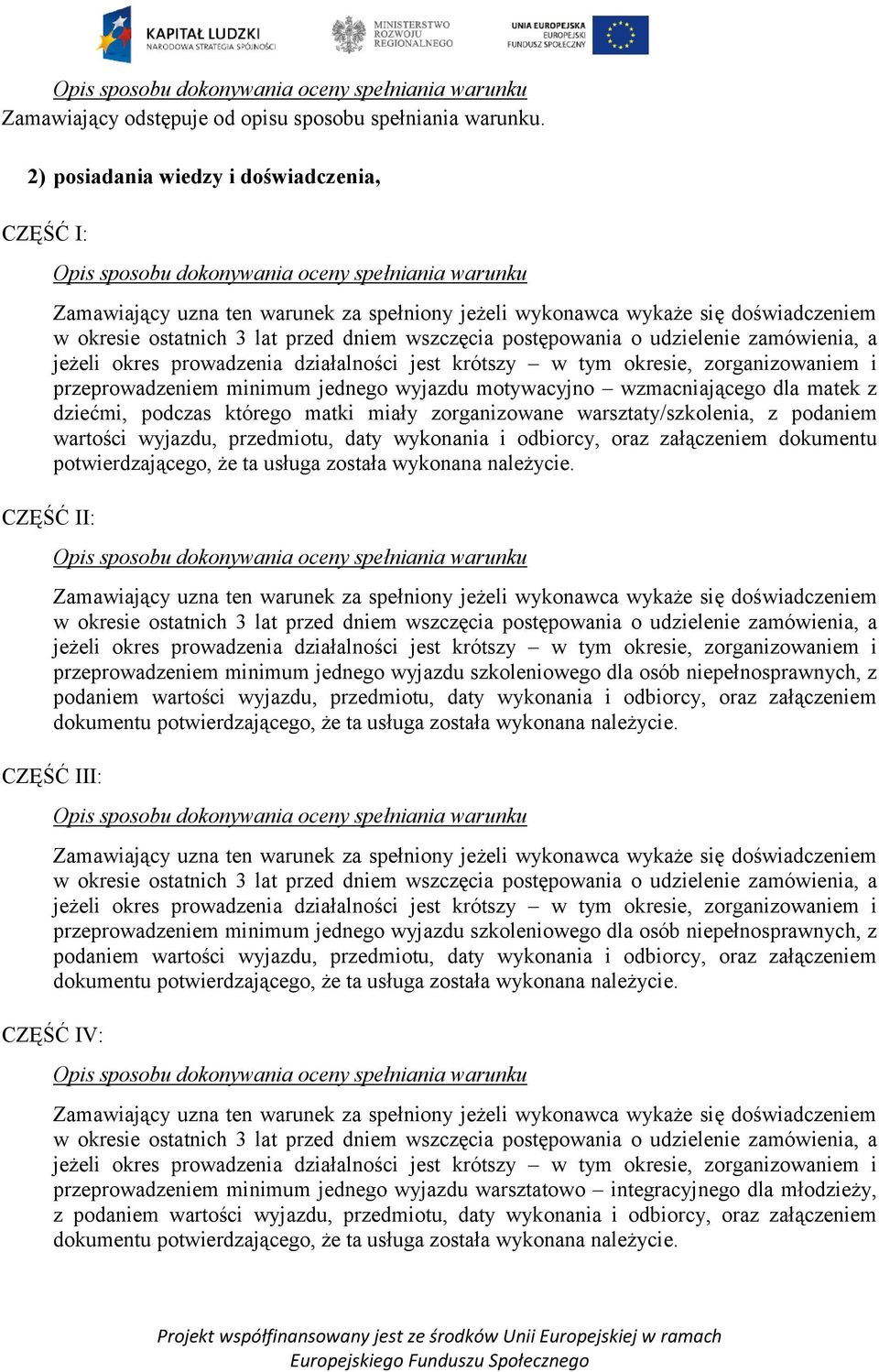 postępowania o udzielenie zamówienia, a jeżeli okres prowadzenia działalności jest krótszy w tym okresie, zorganizowaniem i przeprowadzeniem minimum jednego wyjazdu motywacyjno wzmacniającego dla