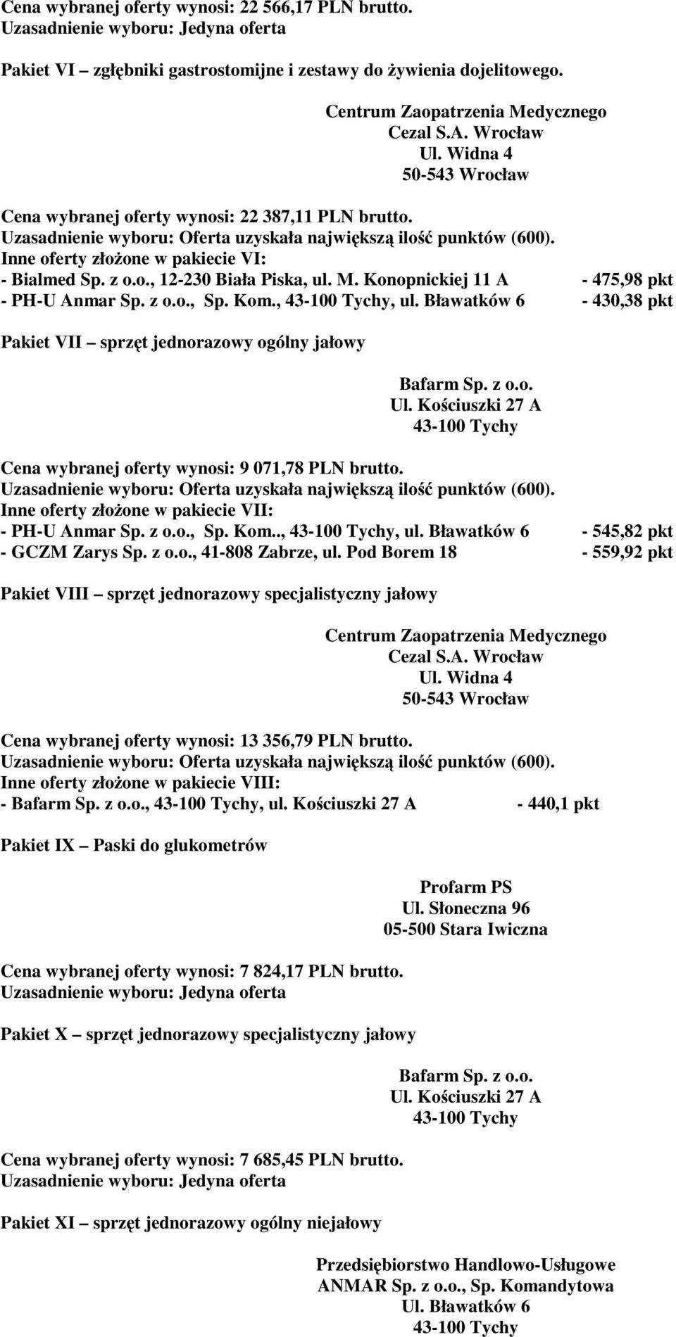 Bławatków 6-430,38 pkt Pakiet VII sprzęt jednorazowy ogólny jałowy Cena wybranej oferty wynosi: 9 071,78 PLN brutto. Inne oferty złożone w pakiecie VII: - PH-U Anmar Sp. z o.o., Sp. Kom..,, ul.