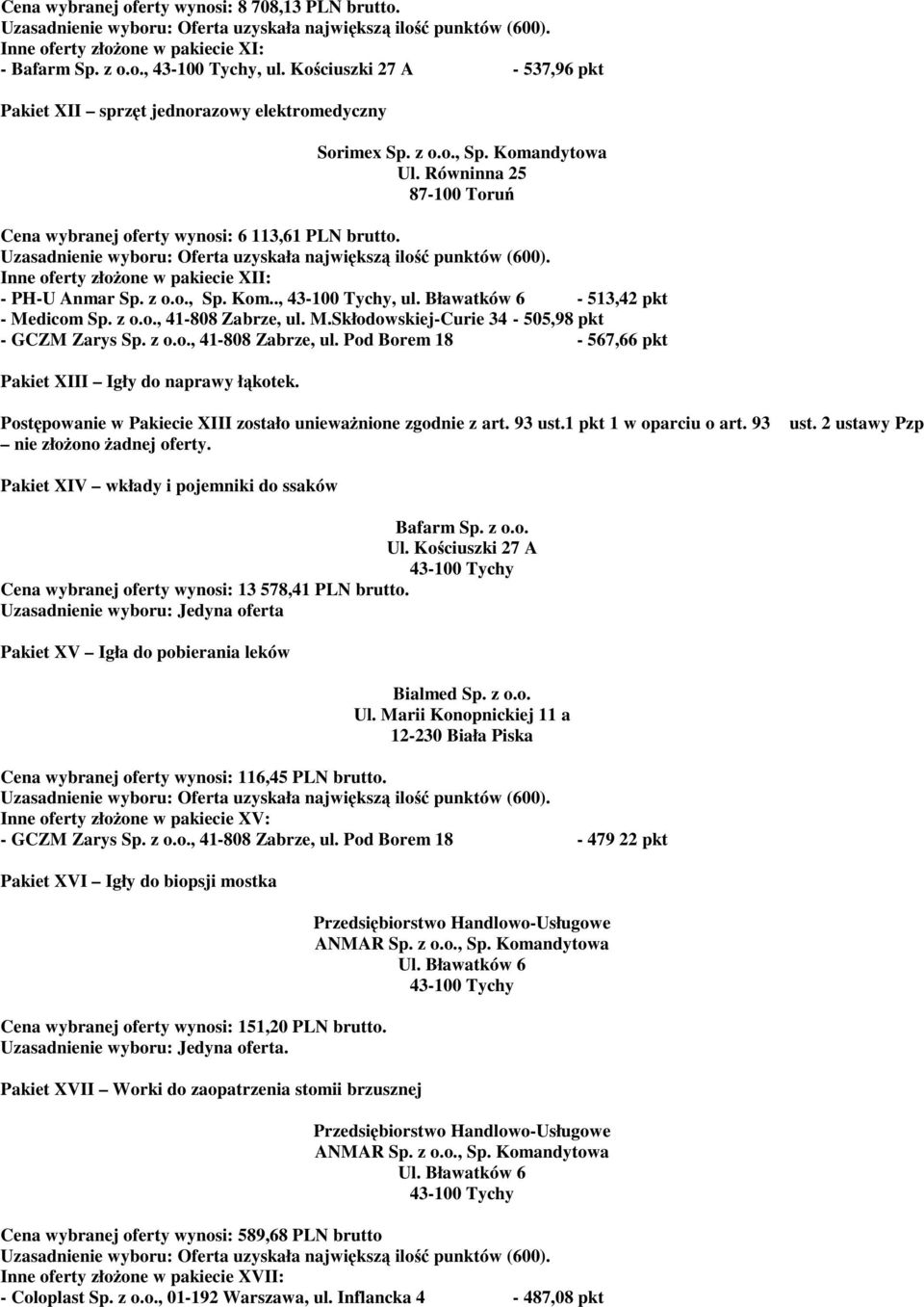 Bławatków 6-513,42 pkt - Medicom Sp. z o.o., 41-808 Zabrze, ul. M.Skłodowskiej-Curie 34-505,98 pkt - GCZM Zarys Sp. z o.o., 41-808 Zabrze, ul. Pod Borem 18-567,66 pkt Pakiet XIII Igły do naprawy łąkotek.
