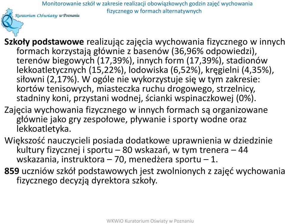 W ogóle nie wykorzystuje się w tym zakresie: kortów tenisowych, miasteczka ruchu drogowego, strzelnicy, stadniny koni, przystani wodnej, ścianki wspinaczkowej (0%).