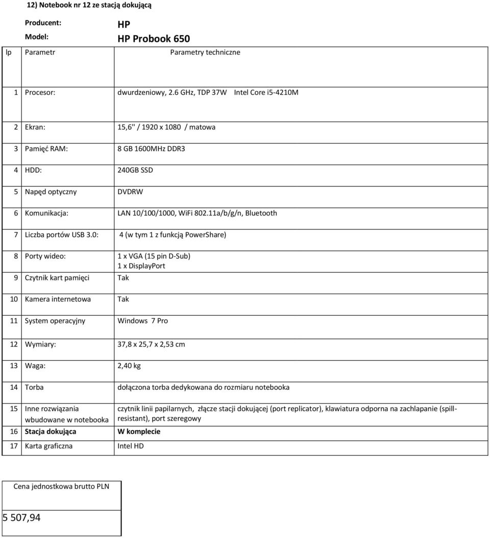 11a/b/g/n, Bluetooth 7 Liczba portów USB 3.