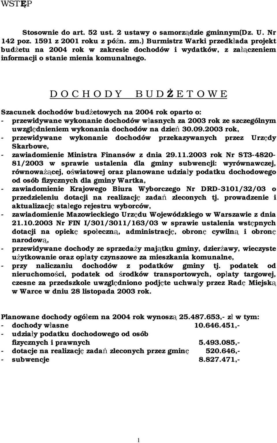D O C H O D Y B U D Ż E T O W E Szacunek dochodów budżetowych na 2004 rok oparto o: - przewidywane wykonanie dochodów własnych za 2003 rok ze szczególnym uwzględnieniem wykonania dochodów na dzień 30.