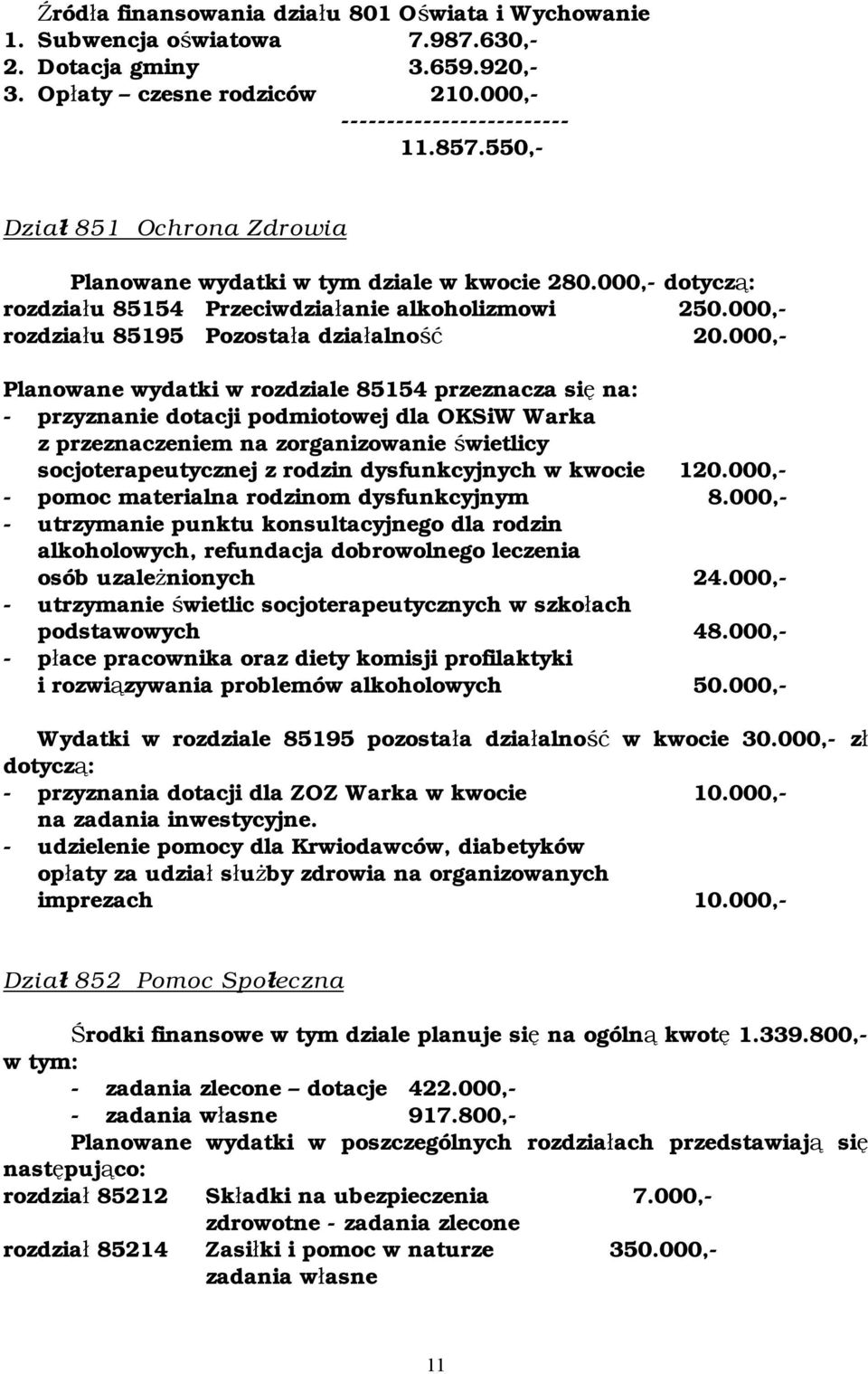 000,- Planowane wydatki w rozdziale 85154 przeznacza się na: - przyznanie dotacji podmiotowej dla OKSiW Warka z przeznaczeniem na zorganizowanie świetlicy socjoterapeutycznej z rodzin dysfunkcyjnych