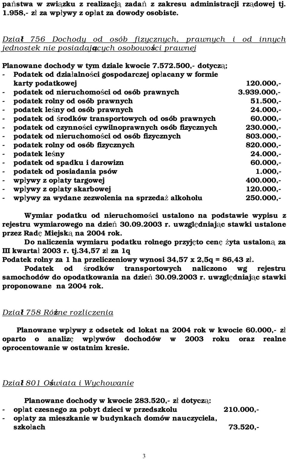 500,- dotyczą; - Podatek od działalności gospodarczej opłacany w formie karty podatkowej 120.000,- - podatek od nieruchomości od osób prawnych 3.939.000,- - podatek rolny od osób prawnych 51.