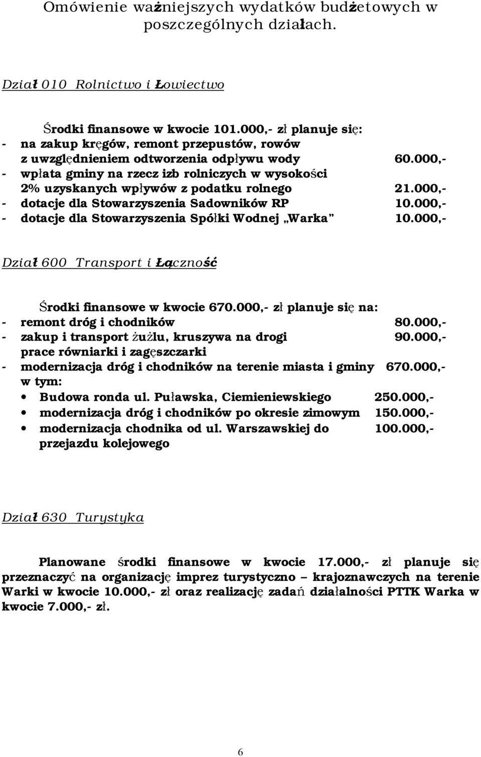 000,- - wpłata gminy na rzecz izb rolniczych w wysokości 2% uzyskanych wpływów z podatku rolnego 21.000,- - dotacje dla Stowarzyszenia Sadowników RP 10.