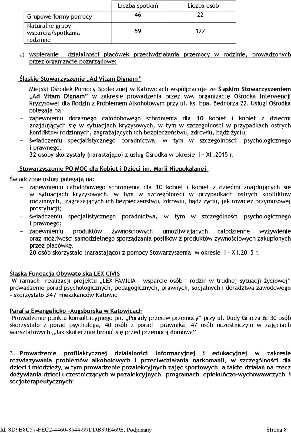 organizację Ośrodka Interwencji Kryzysowej dla Rodzin z Problemem Alkoholowym przy ul. ks. bpa. Bednorza 22.