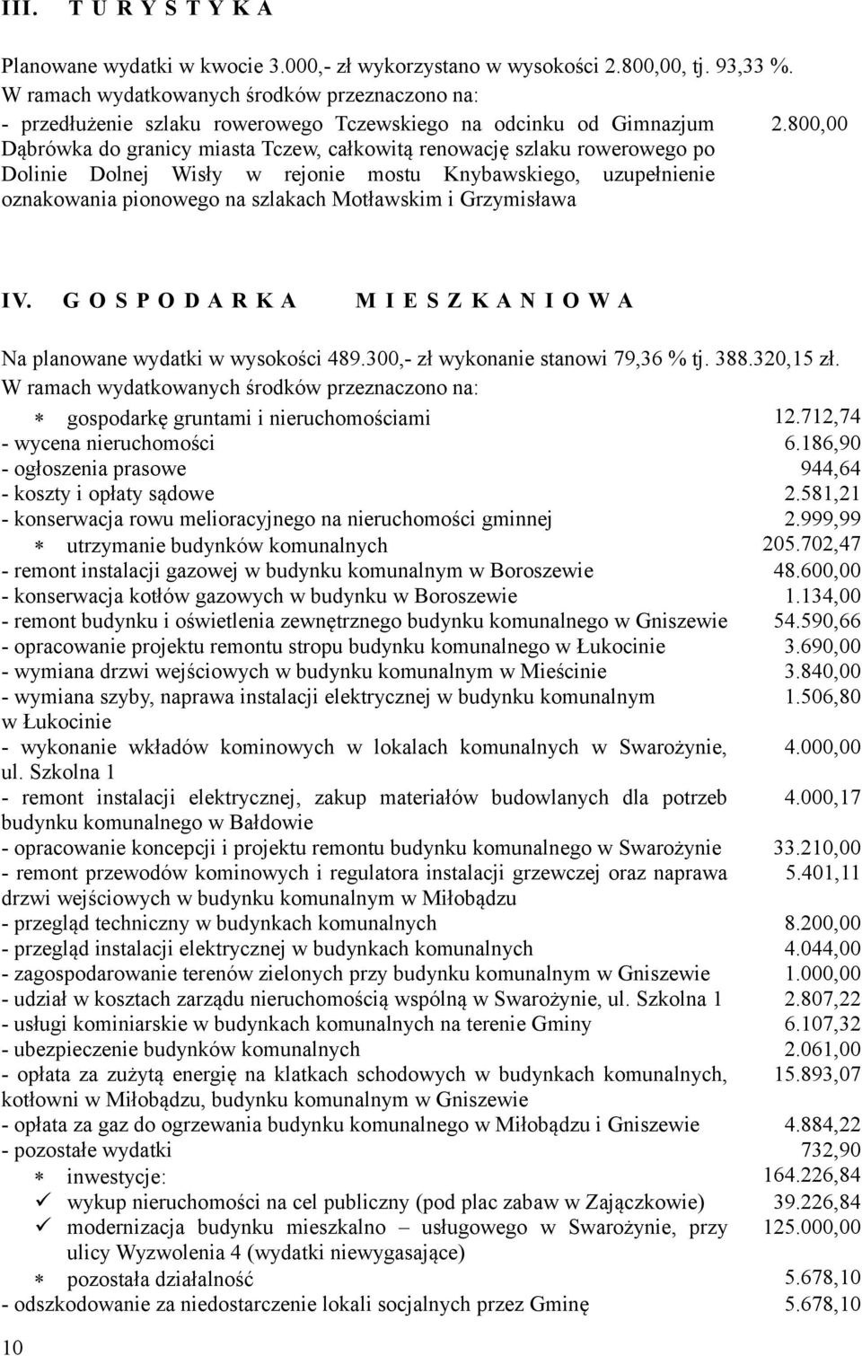 800,00 Dąbrówka do granicy miasta Tczew, całkowitą renowację szlaku rowerowego po Dolinie Dolnej Wisły w rejonie mostu Knybawskiego, uzupełnienie oznakowania pionowego na szlakach Motławskim i