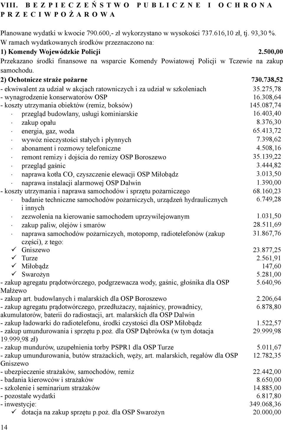 2) Ochotnicze straże pożarne 730.738,52 - ekwiwalent za udział w akcjach ratowniczych i za udział w szkoleniach 35.275,78 - wynagrodzenie konserwatorów OSP 16.
