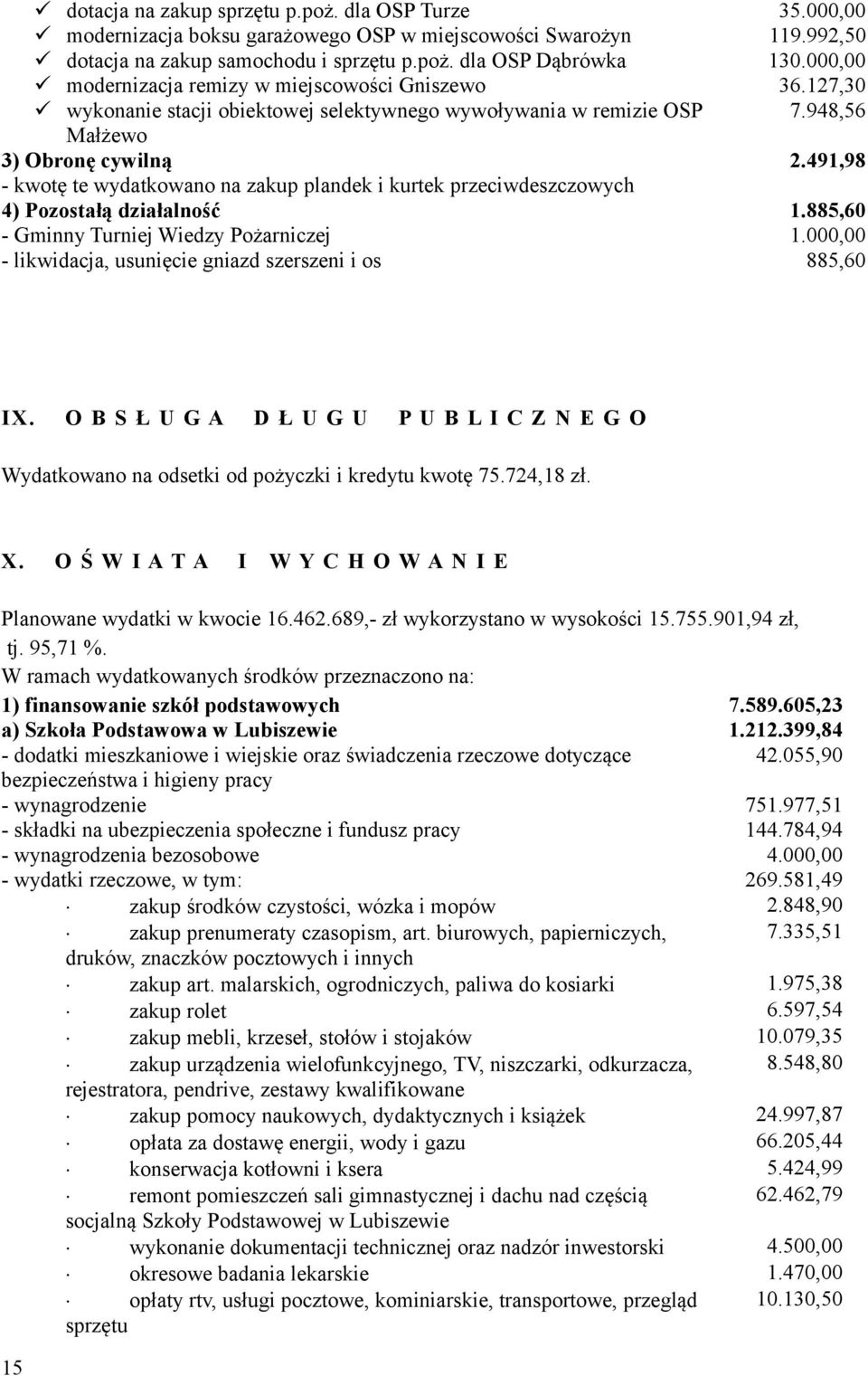 491,98 - kwotę te wydatkowano na zakup plandek i kurtek przeciwdeszczowych 4) Pozostałą działalność 1.885,60 - Gminny Turniej Wiedzy Pożarniczej 1.