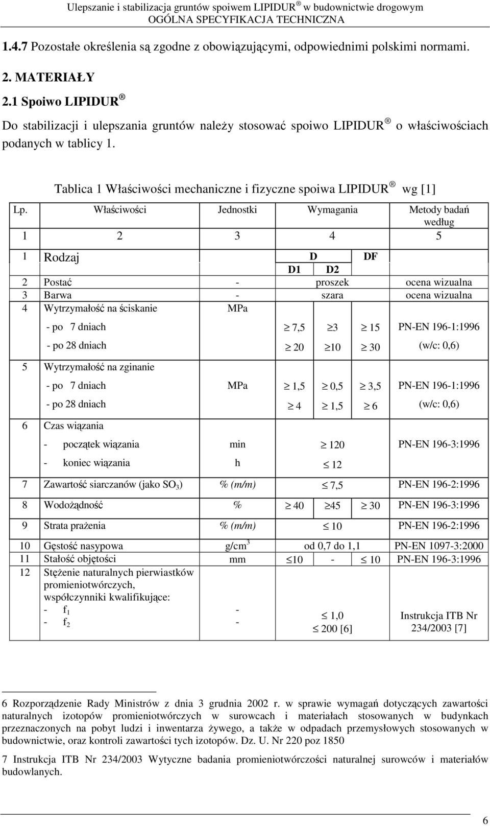Właciwoci Jednostki Wymagania Metody bada według 1 2 3 4 5 1 Rodzaj D DF D1 D2 2 Posta - proszek ocena wizualna 3 Barwa - szara ocena wizualna 4 Wytrzymało na ciskanie MPa - po 7 dniach - po 28