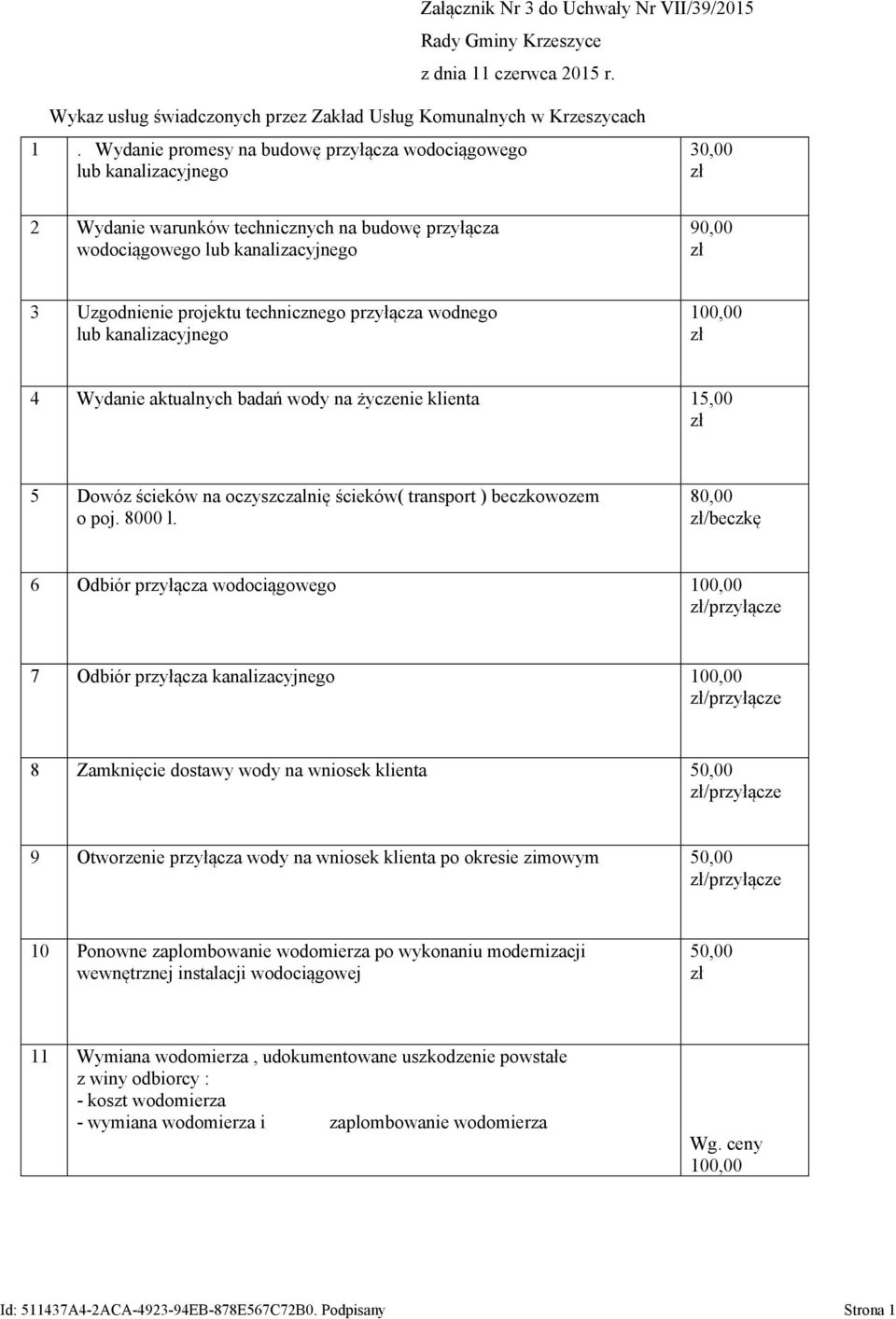 technicznego przyłącza wodnego lub kanalizacyjnego 100,00 4 Wydanie aktualnych badań wody na życzenie klienta 15,00 5 Dowóz ścieków na oczyszczalnię ścieków( transport ) beczkowozem o poj. 8000 l.