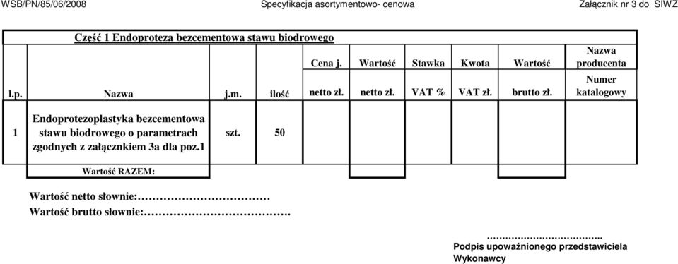 Nazwa producenta Numer katalogowy Endoprotezoplastyka bezcementowa stawu biodrowego o parametrach zgodnych z