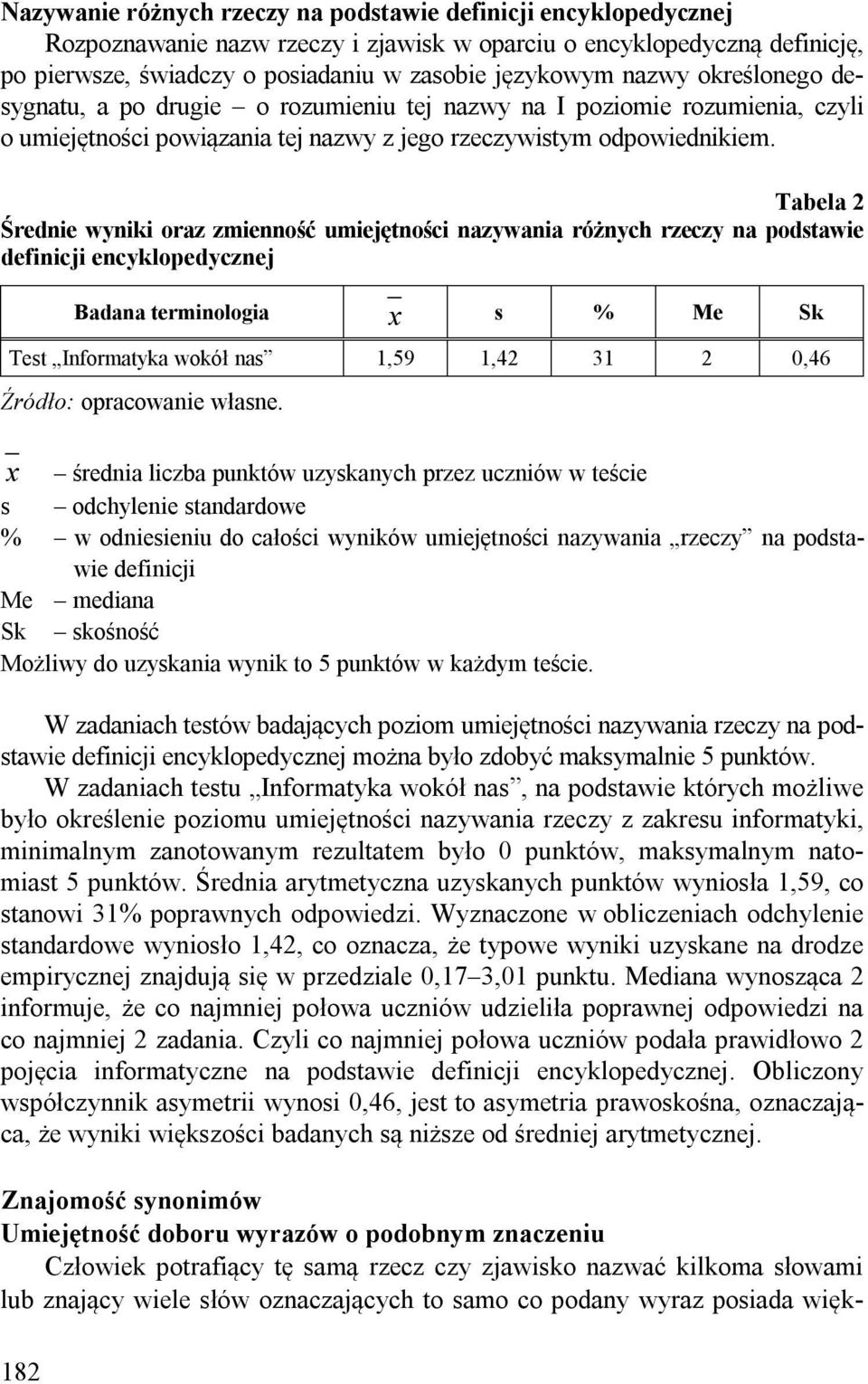 Tabela 2 Średnie wyniki oraz zmienność umiejętności nazywania różnych rzeczy na podstawie definicji encyklopedycznej 182 Test Informatyka wokół nas 1,59 1,42 31 2 0,46 % w odniesieniu do całości