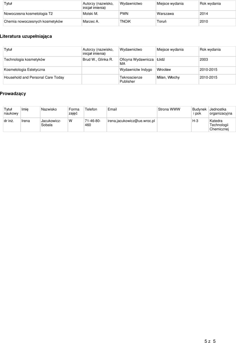 Oficyna Wydawnicza MA Wydawnictwo Miejsce wydania Rok wydania Łódź 2003 Kosmetologia Estetyczna Wydawnictw Indygo Wrocław 2010-2015 Household and Personal Care Today Teknoscienze