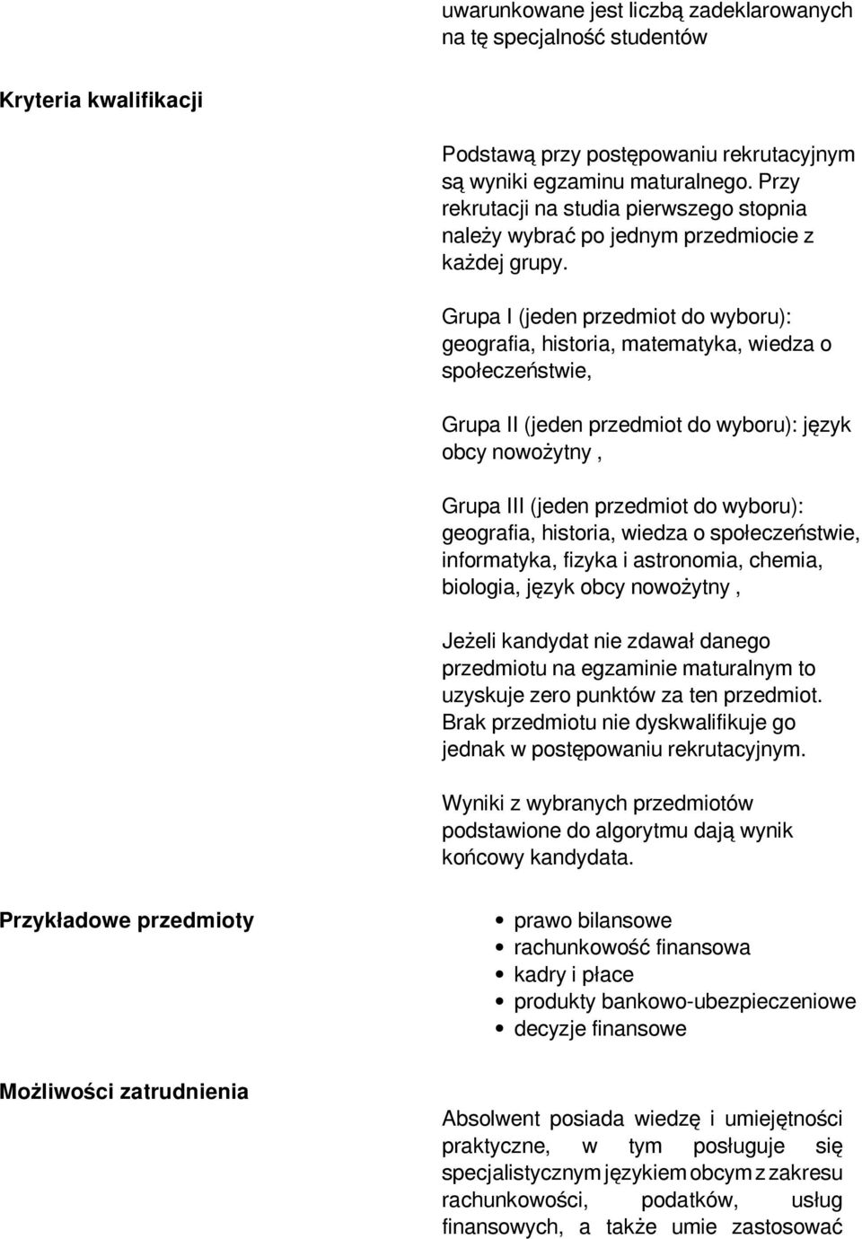 Grupa I (jeden przedmiot do wyboru): geografia, historia, matematyka, wiedza o społeczeństwie, Grupa II (jeden przedmiot do wyboru): język obcy nowożytny, Grupa III (jeden przedmiot do wyboru):