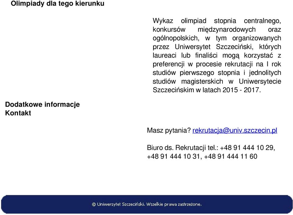 przez Uniwersytet Szczeciński, których laureaci lub finaliści mogą korzystać z preferencji w procesie rekrutacji na I rok studiów