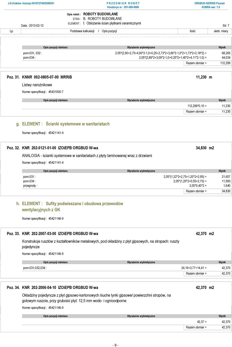 ELEMENT : Ścianki systemowe w sanitariatach Numer specyfikacji : 45421141-4 Poz. 32.