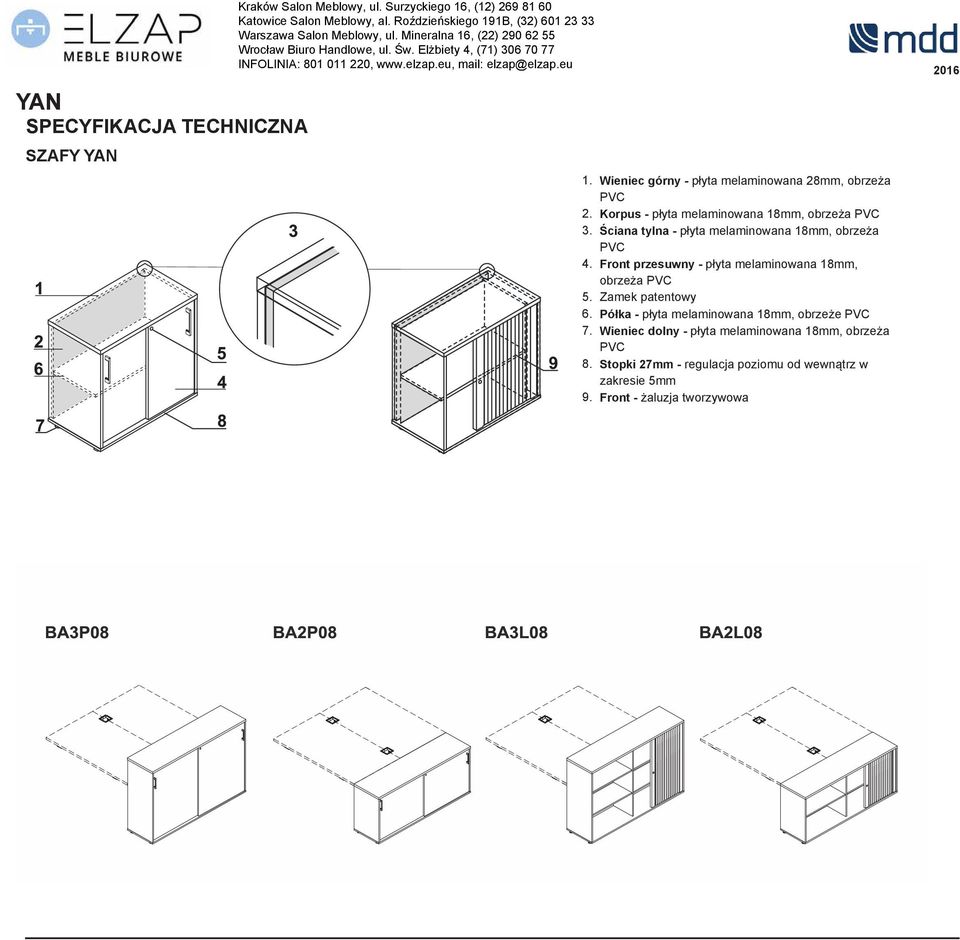 Front przesuwny - p yta melaminowana 8mm, obrze!a PVC 5. Zamek patentowy 6. Pó&ka - p yta melaminowana 8mm, obrze!