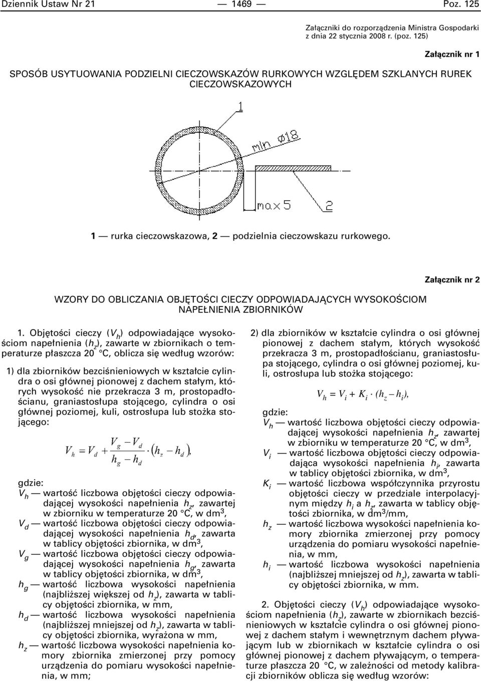 WZORY DO OBLICZANIA OBJ TOÂCI CIECZY ODPOWIADAJÑCYCH WYSOKOÂCIOM NAPE NIENIA ZBIORNIKÓW Za àcznik nr 2 1.