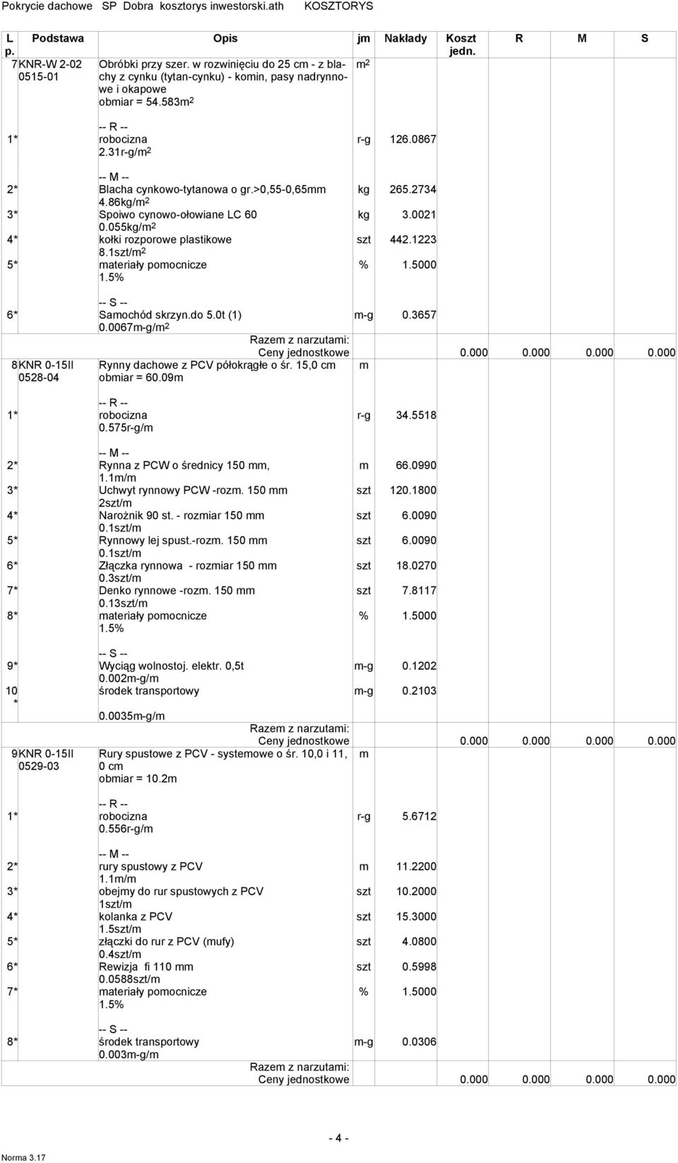 1szt/ 2 5* ateriały poocnicze % 1.5000 6* Saochód skrzyn.do 5.0t (1) -g 0.3657 0.0067-g/ 2 8KNR 0-15II 0528-04 Rynny dachowe z PCV półokrągłe o śr. 15,0 c obiar = 60.09 1* robocizna r-g 34.5518 0.