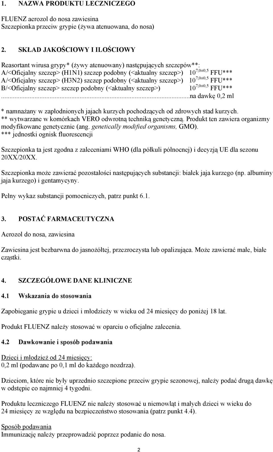 (H3N2) szczep podobny (<aktualny szczep>) 10 7,0±0,5 FFU*** B/<Oficjalny szczep> szczep podobny (<aktualny szczep>) 10 7,0±0,5 FFU***.