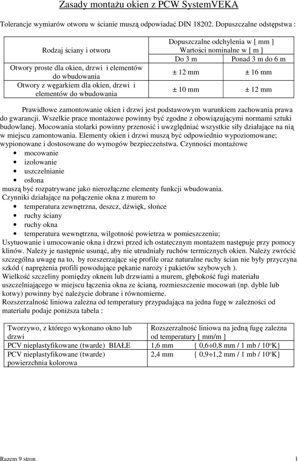 ] Wartości nominalne w [ m ] Do 3 m Ponad 3 m do 6 m ± 12 mm ± 16 mm ± 10 mm ± 12 mm Prawidłowe zamontowanie okien i drzwi jest podstawowym warunkiem zachowania prawa do gwarancji.