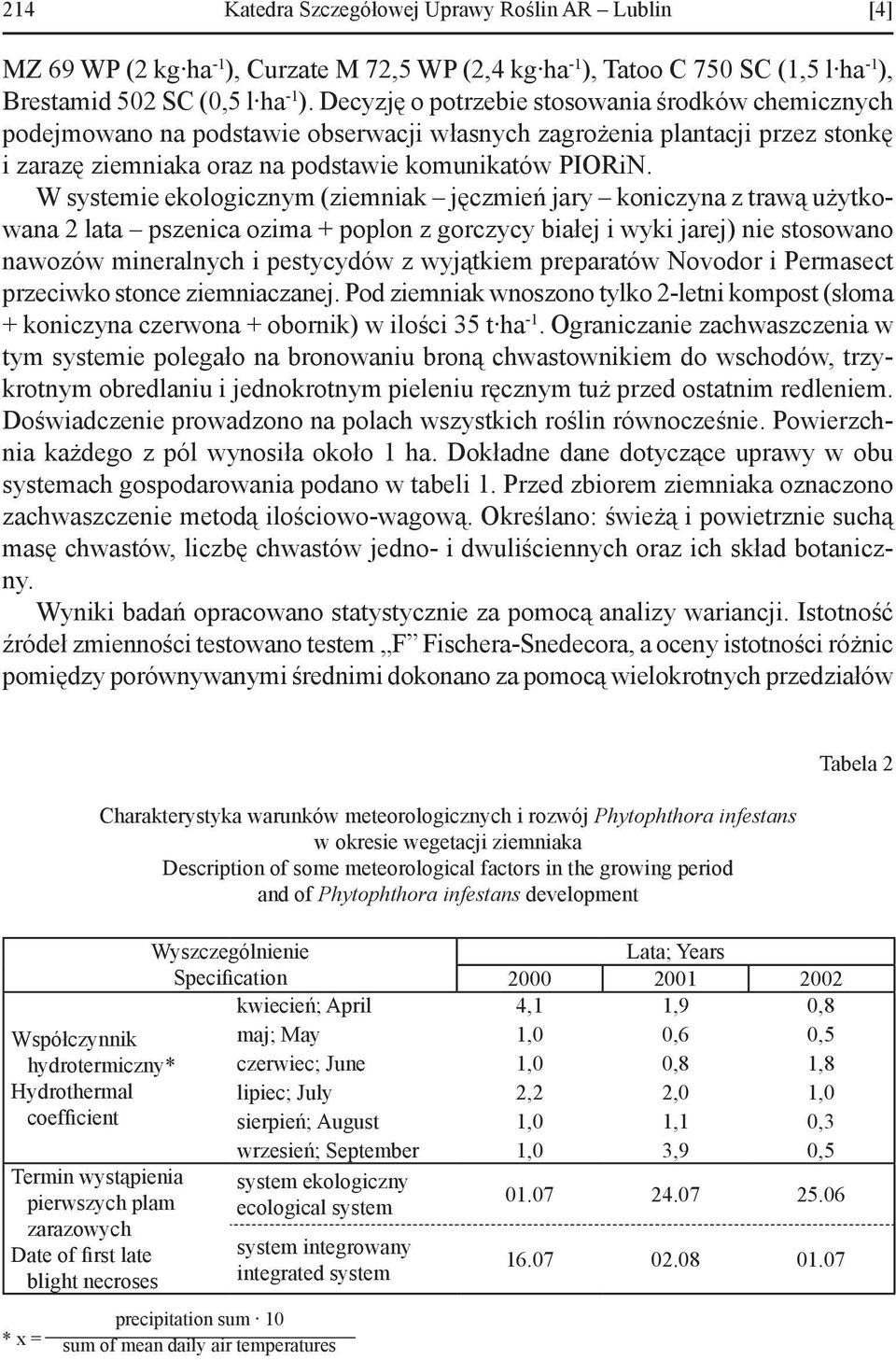 W systemie ekologicznym (ziemniak jęczmień jary koniczyna z trawą użytkowana 2 lata pszenica ozima + poplon z gorczycy białej i wyki jarej) nie stosowano nawozów mineralnych i pestycydów z wyjątkiem