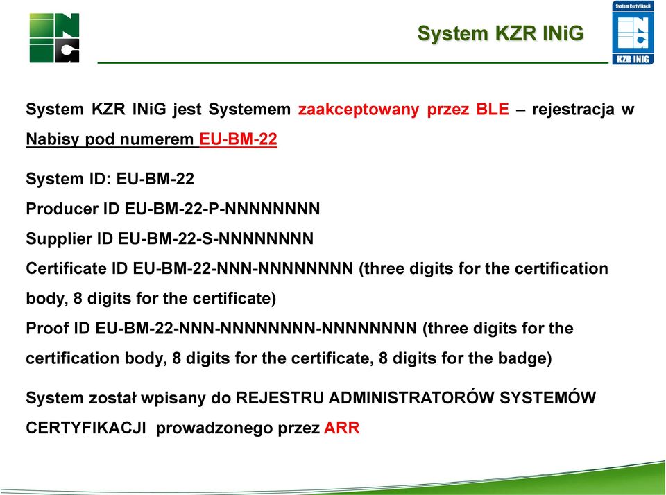 certification body, 8 digits for the certificate) Proof ID EU-BM-22-NNN-NNNNNNNN-NNNNNNNN (three digits for the certification body, 8