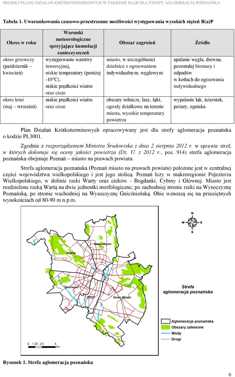 kumulacji zanieczyszczeń występowanie warstwy inwersyjnej, niskie temperatury (poniżej -10 C), niskie prędkości wiatru oraz cisze niskie prędkości wiatru oraz cisze Obszar zagrożeń miasto, w