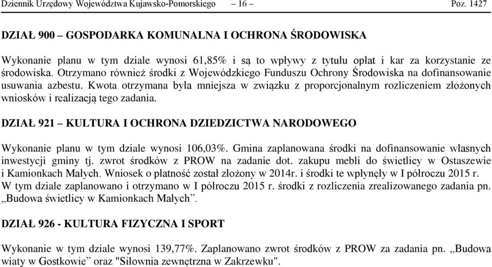 Otrzymano również środki z Wojewódzkiego Funduszu Ochrony Środowiska na dofinansowanie usuwania azbestu.