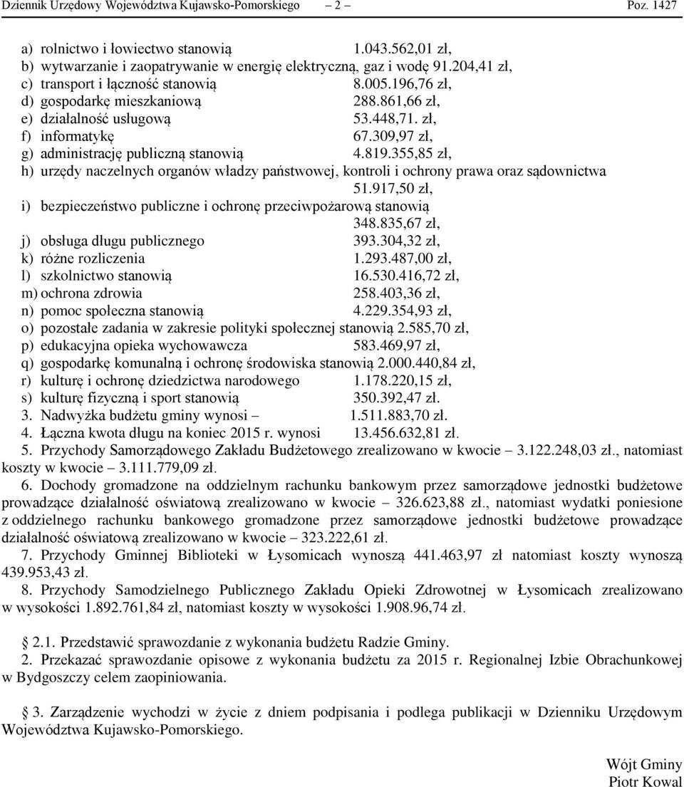 309,97 zł, g) administrację publiczną stanowią 4.819.355,85 zł, h) urzędy naczelnych organów władzy państwowej, kontroli i ochrony prawa oraz sądownictwa 51.