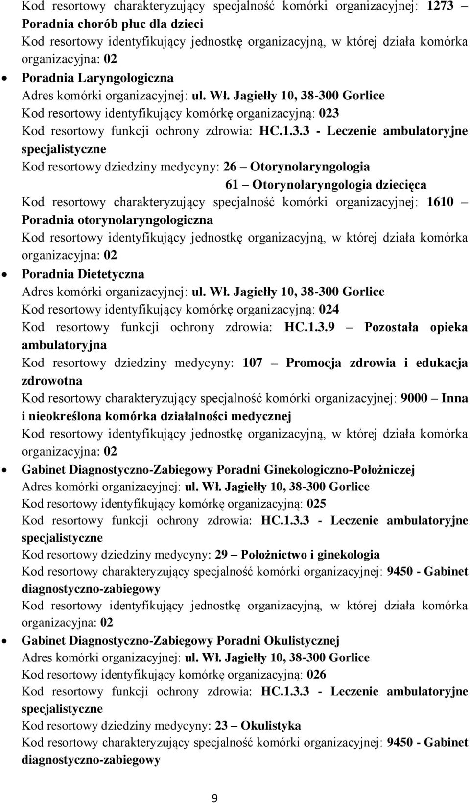 Dietetyczna Kod resortowy identyfikujący komórkę organizacyjną: 024 Kod resortowy funkcji ochrony zdrowia: HC.1.3.