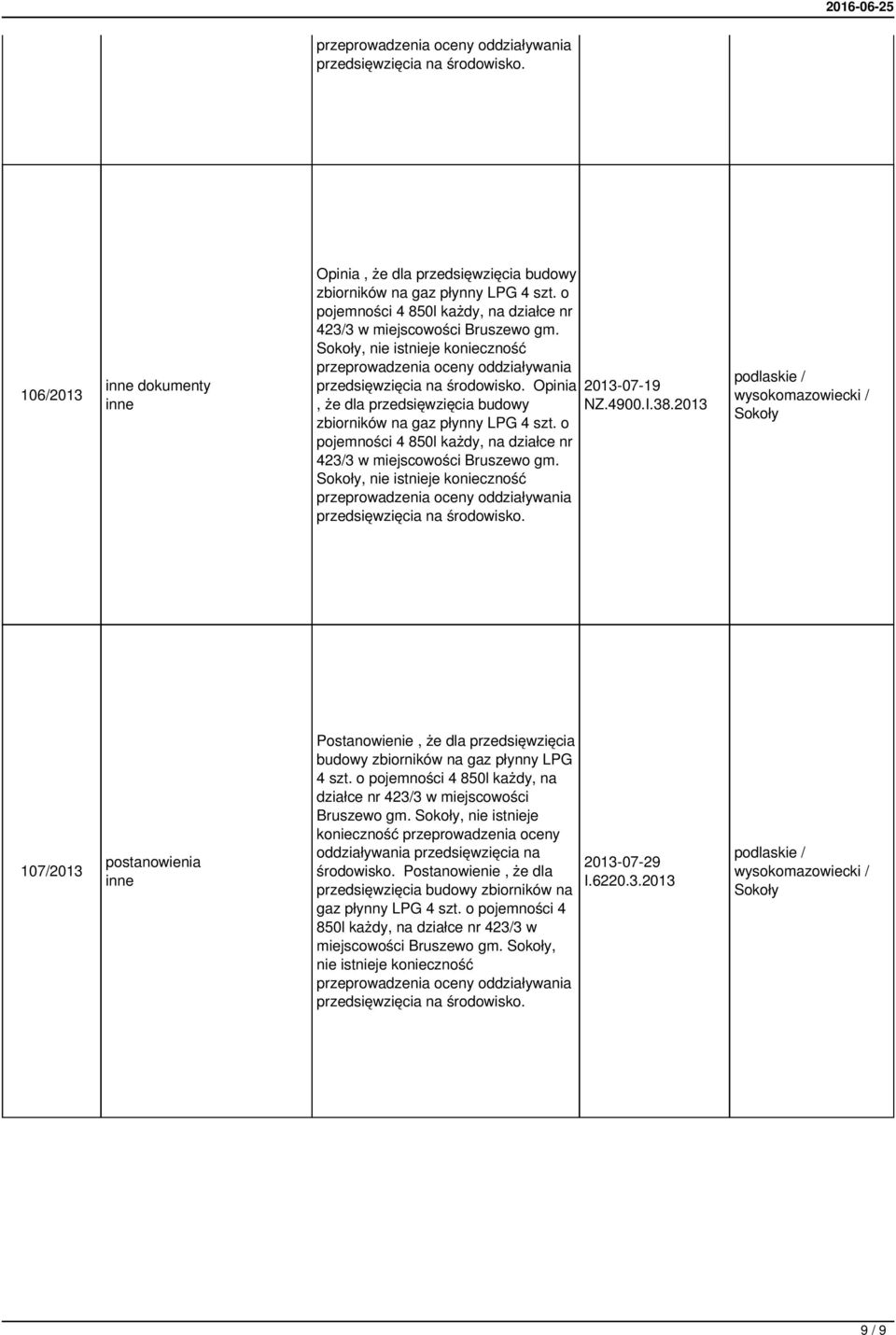 Opinia, że dla przedsięwzięcia budowy zbiorników na gaz płynny LPG 4 szt.  2013-07-19 NZ.4900.I.38.2013 107/2013 Postanowienie, że dla przedsięwzięcia budowy zbiorników na gaz płynny LPG 4 szt.