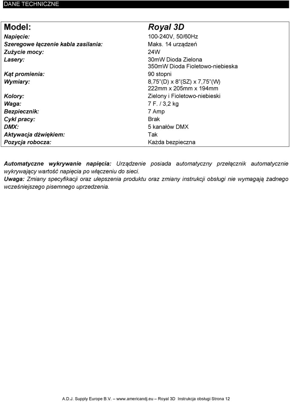 / 3,2 kg 7 Amp Brak 5 kanałów DMX Tak Każda bezpieczna Automatyczne wykrywanie napięcia: Urządzenie posiada automatyczny przełącznik automatycznie wykrywający wartość napięcia po włączeniu do sieci.