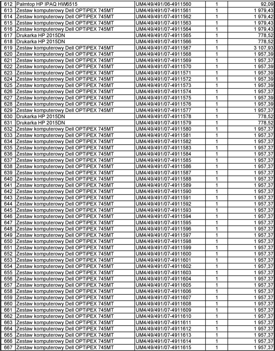 UM4/49/491/07-4911565 1 778,52 618 Drukarka HP 2015DN UM4/49/491/07-4911566 1 778,52 619 Zestaw komputerowy Dell OPTiPEX 745MT UM4/49/491/07-4911567 1 3 107,93 620 Zestaw komputerowy Dell OPTiPEX