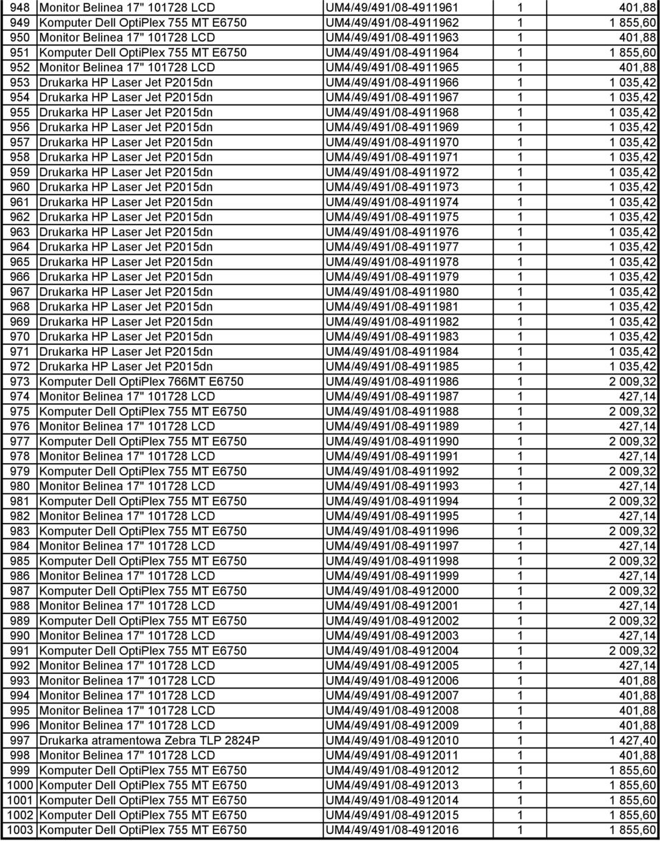 UM4/49/491/08-4911966 1 1 035,42 954 Drukarka HP Laser Jet P2015dn UM4/49/491/08-4911967 1 1 035,42 955 Drukarka HP Laser Jet P2015dn UM4/49/491/08-4911968 1 1 035,42 956 Drukarka HP Laser Jet