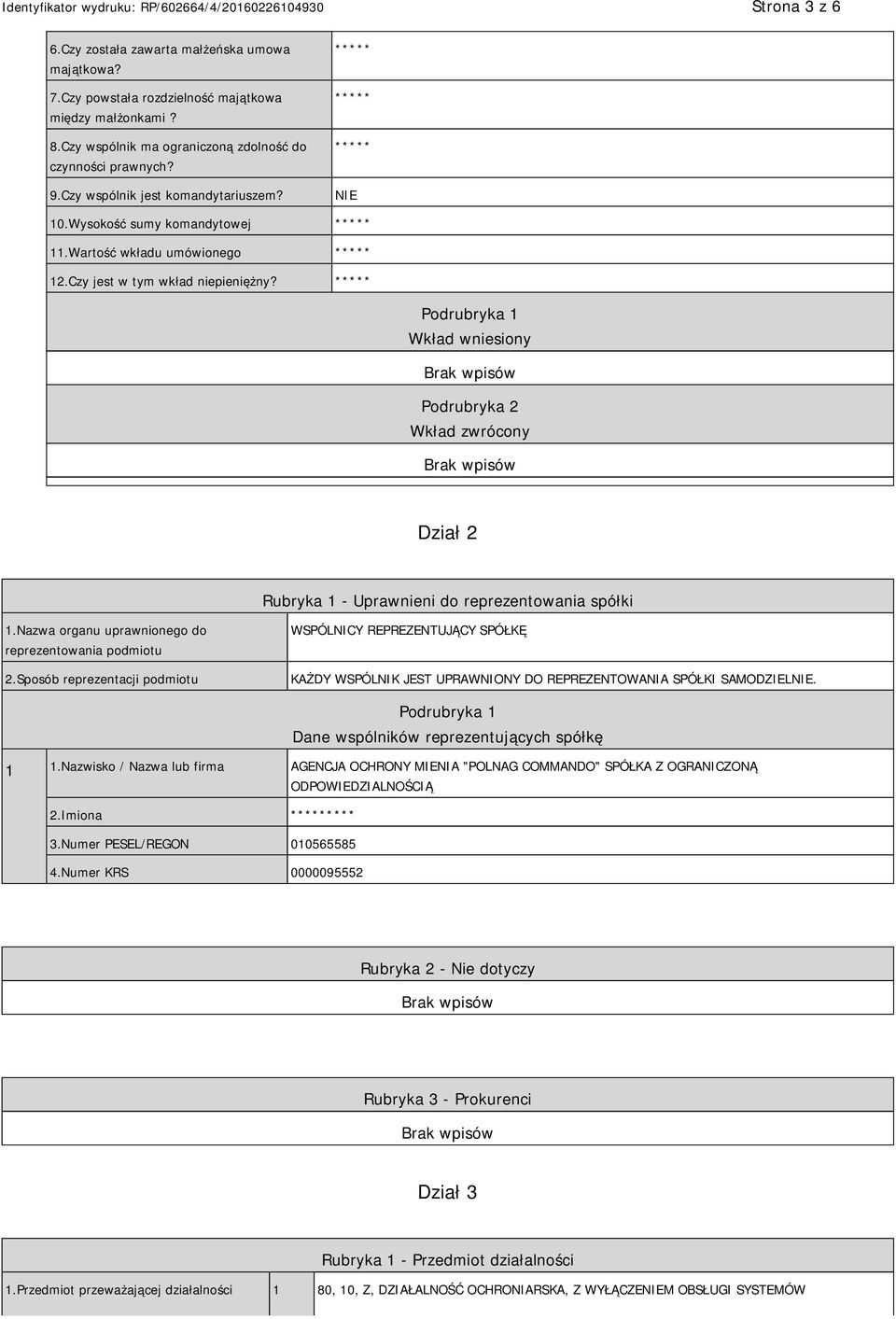 Podrubryka 1 Wkład wniesiony Podrubryka 2 Wkład zwrócony Dział 2 Rubryka 1 - Uprawnieni do reprezentowania spółki 1.Nazwa organu uprawnionego do reprezentowania podmiotu 2.