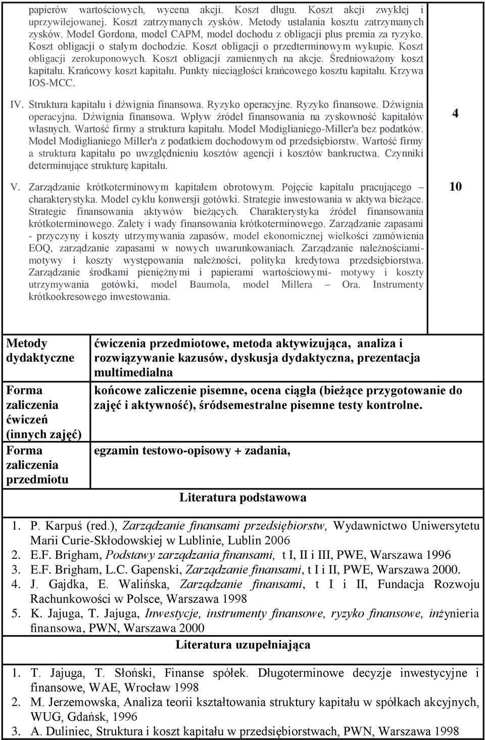 Koszt obligacji zamiennych na akcje. Średnioważony koszt kapitału. Krańcowy koszt kapitału. Punkty nieciągłości krańcowego kosztu kapitału. Krzywa IOS-MCC. IV. Struktura kapitału i dźwignia finansowa.