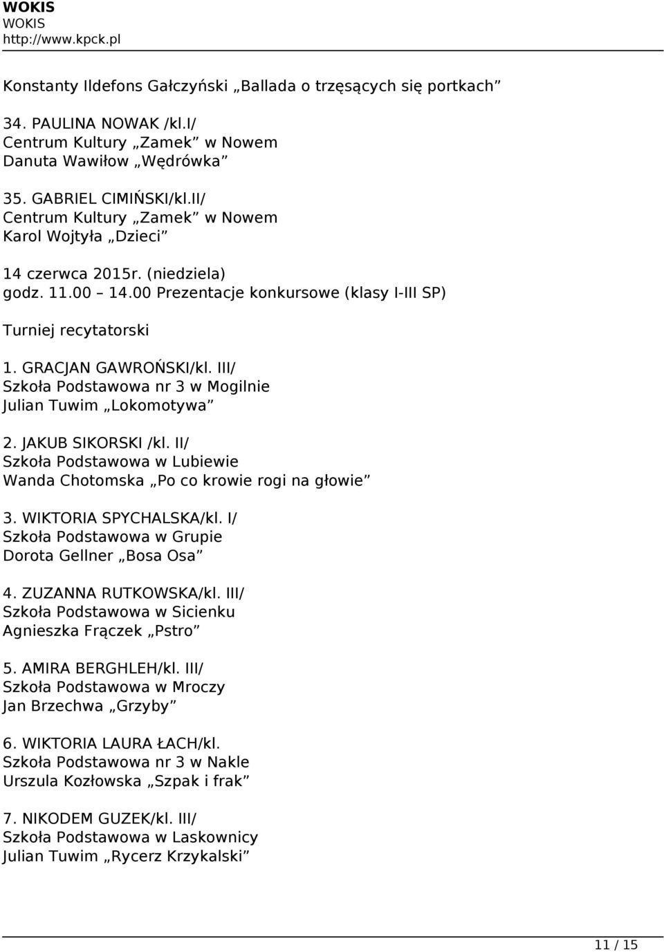 II/ Szkoła Podstawowa w Lubiewie Wanda Chotomska Po co krowie rogi na głowie 3. WIKTORIA SPYCHALSKA/kl. I/ Szkoła Podstawowa w Grupie Dorota Gellner Bosa Osa 4. ZUZANNA RUTKOWSKA/kl.