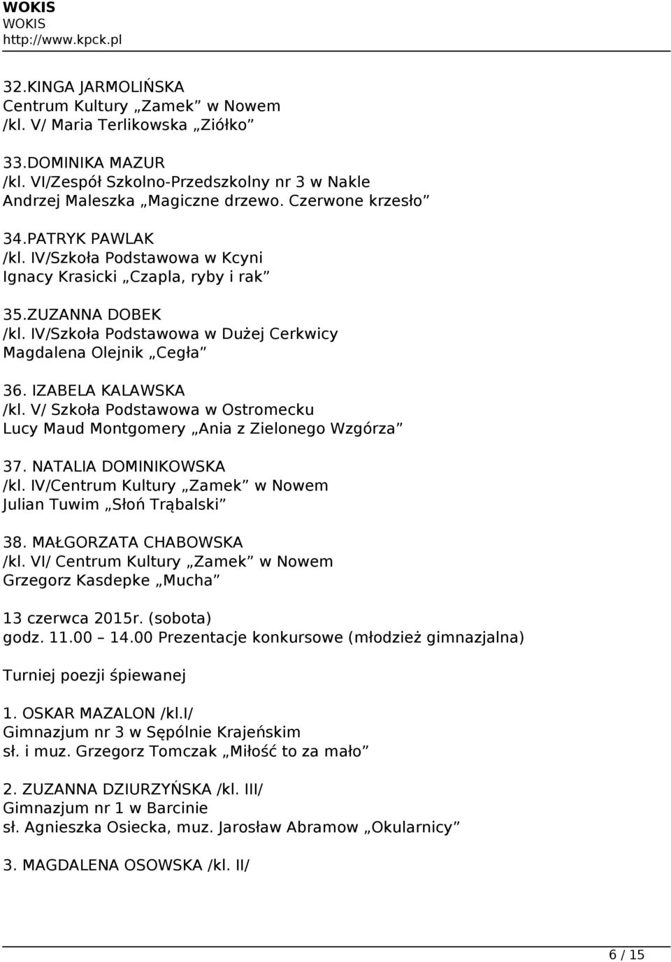V/ Szkoła Podstawowa w Ostromecku Lucy Maud Montgomery Ania z Zielonego Wzgórza 37. NATALIA DOMINIKOWSKA /kl. IV/ Julian Tuwim Słoń Trąbalski 38. MAŁGORZATA CHABOWSKA /kl.