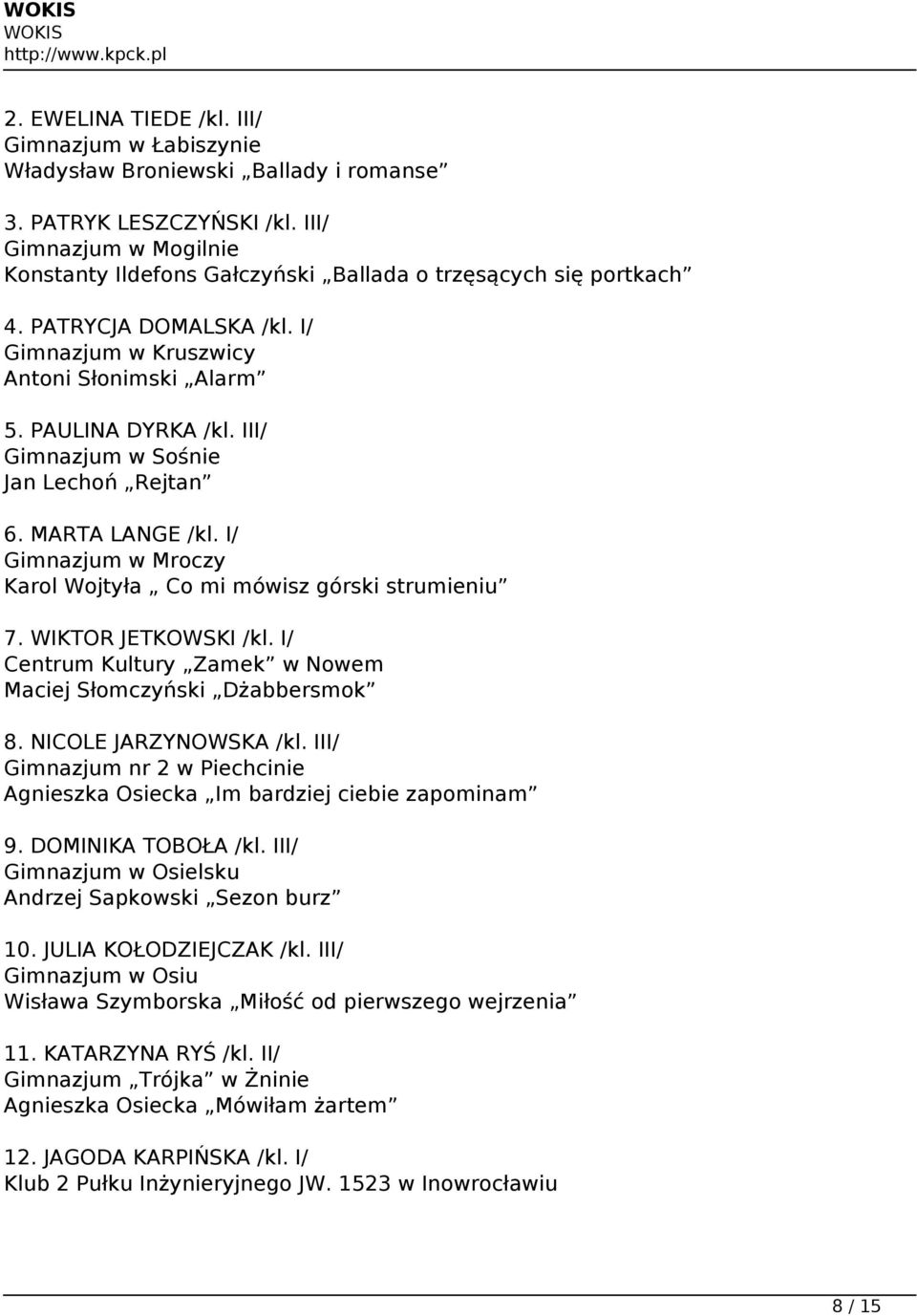 III/ Gimnazjum w Sośnie Jan Lechoń Rejtan 6. MARTA LANGE /kl. I/ Gimnazjum w Mroczy Karol Wojtyła Co mi mówisz górski strumieniu 7. WIKTOR JETKOWSKI /kl. I/ Maciej Słomczyński Dżabbersmok 8.