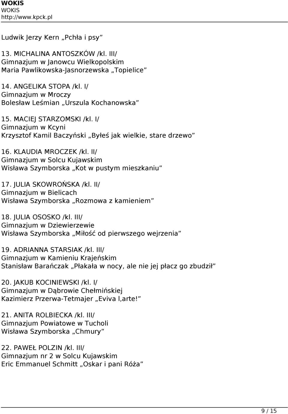 II/ Gimnazjum w Solcu Kujawskim Wisława Szymborska Kot w pustym mieszkaniu 17. JULIA SKOWROŃSKA /kl. II/ Gimnazjum w Bielicach Wisława Szymborska Rozmowa z kamieniem 18. JULIA OSOSKO /kl.