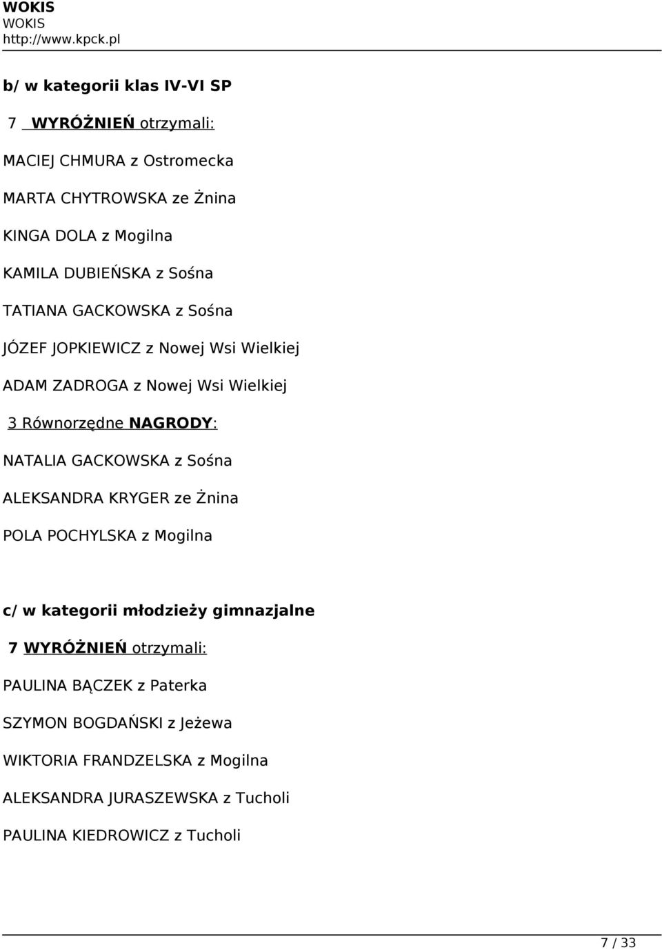 NATALIA GACKOWSKA z Sośna ALEKSANDRA KRYGER ze Żnina POLA POCHYLSKA z Mogilna c/ w kategorii młodzieży gimnazjalne 7 WYRÓŻNIEŃ otrzymali: