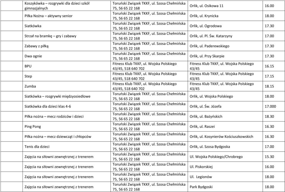 00 Orlik, ul. Krynicka 18.00 Orlik, ul. Ogrodowa 17.30 Orlik, ul. Pl. Św. Katarzyny Orlik, ul. Paderewskiego 17.30 Orlik, ul. Przy Skarpie 17.30 16.15 17.15 18.15 Orlik, ul. Wojska Polskiego 18.